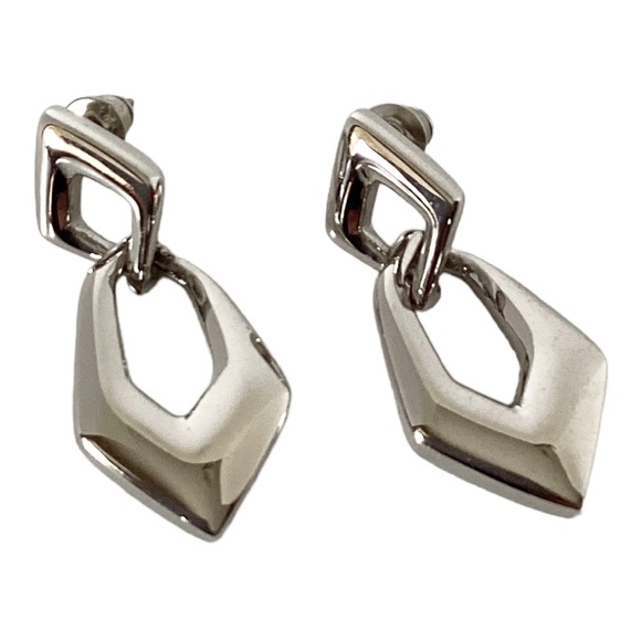 Napier Silver Tone Geometric Double Link Stack Dangle Post Earrings VTG Signed - Picture 4 of 7